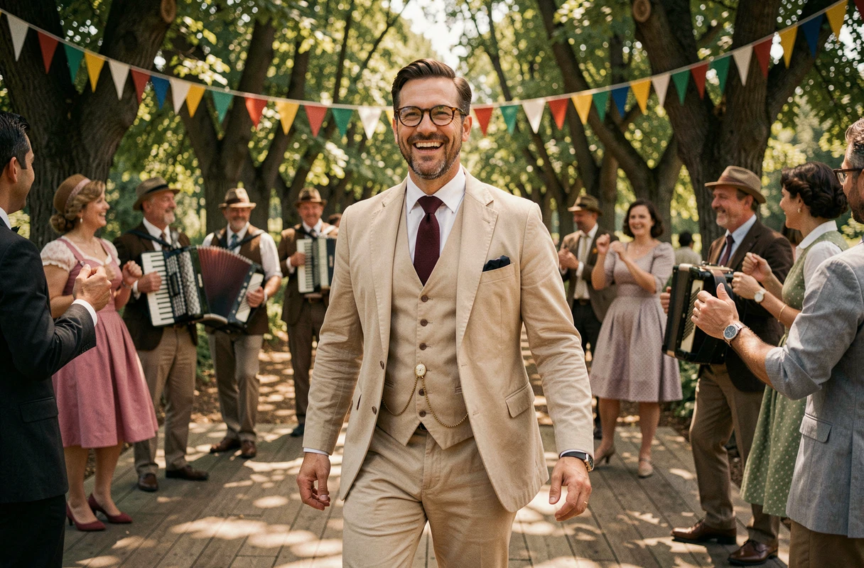 Homme en costume trois-pièces beige avec gilet et chaîne de montre dansant sur une piste de guinguette en plein air