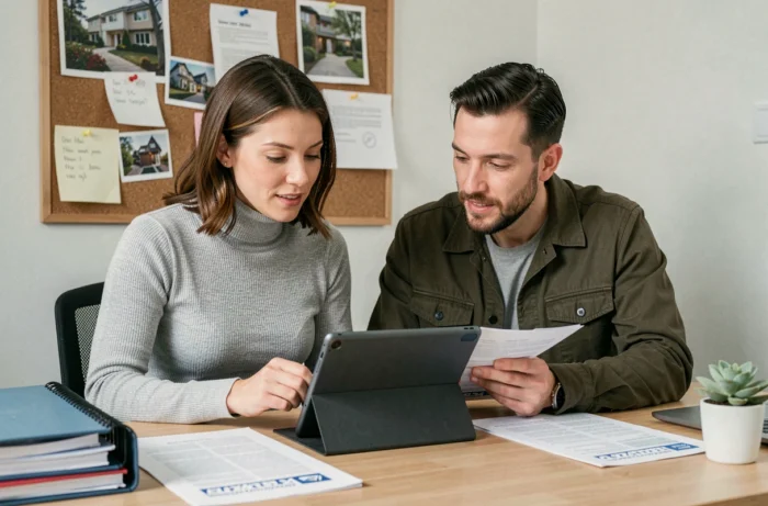 Couple comparant des annonces de locations immobilières fiables sur tablette et documents imprimés à domicile