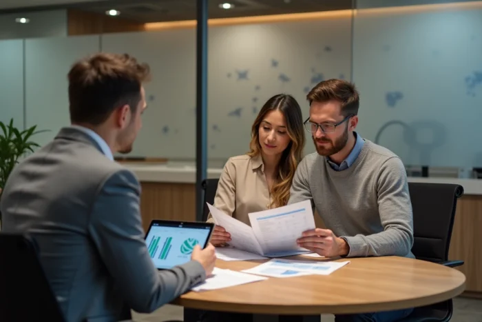 Couple rencontrant un conseiller bancaire pour discuter de solutions d'investissement dans une agence bancaire