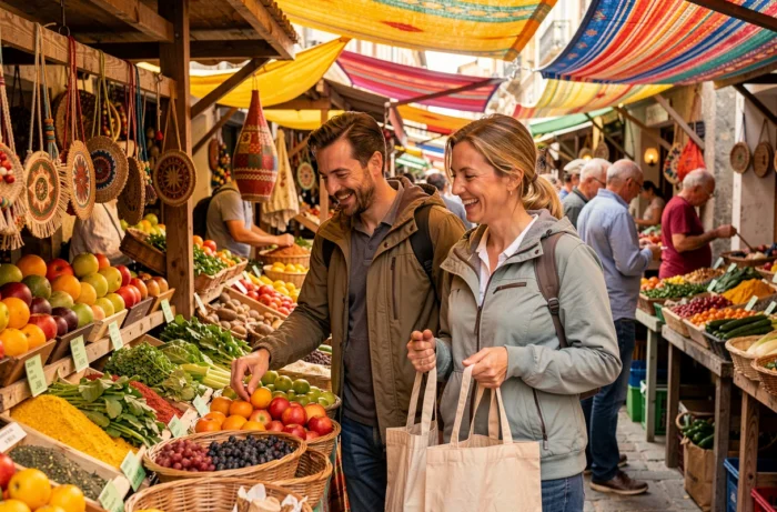 Couple de voyageurs faisant leurs courses dans un marché local coloré pour profiter de vacances authentiques et économiques