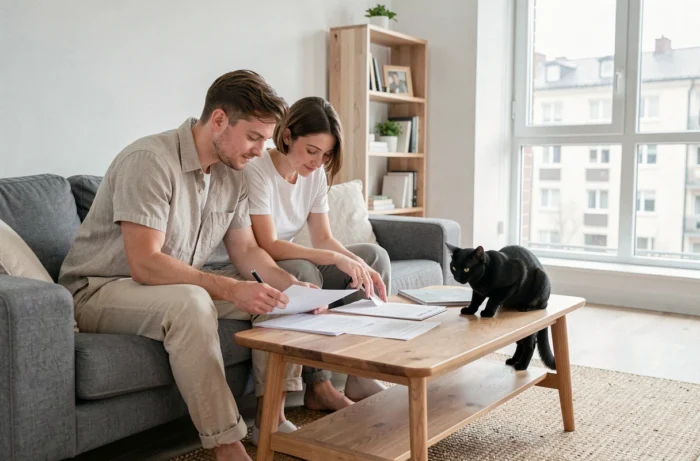 Couple examinant des documents d'adoption de chat sur une table basse pendant qu'un chat noir explore le canapé