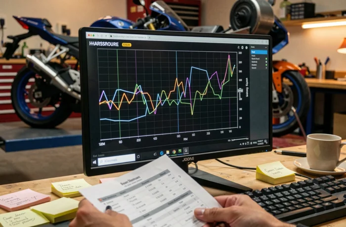 Écran affichant les courbes de puissance et de couple lors d'un diagnostic au banc moto
