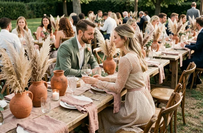 Couple de mariés à une table de réception champêtre avec décoration en herbes de pampa et céramiques terracotta, tendances décoration mariage 2024