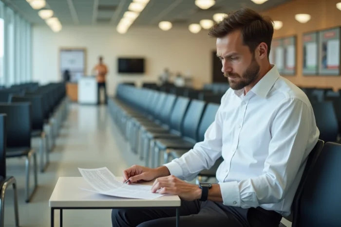 Demandeur d'emploi lisant attentivement ses obligations dans une salle d'attente de Pôle Emploi