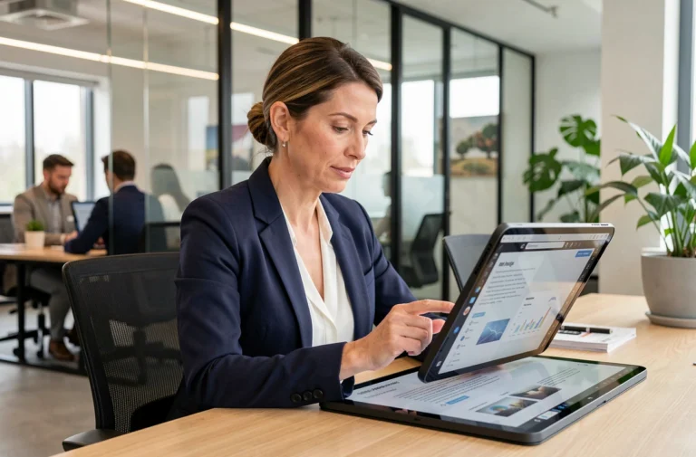 Femme professionnelle consultant des documents dématérialisés sur une tablette dans un bureau moderne