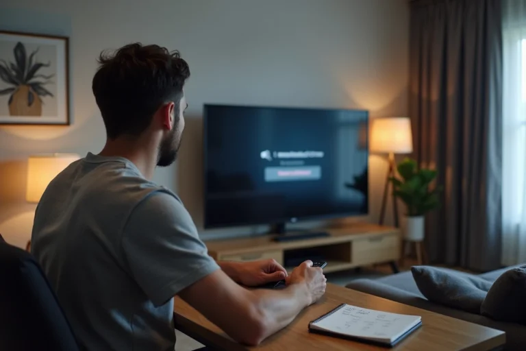 Homme résolvant un bug sur IPTV Smarters Pro devant un téléviseur affichant une erreur de buffering
