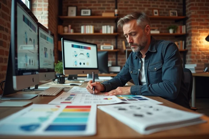 Designer travaillant sur des maquettes de rebranding et d'identité visuelle pour un changement de nom de marque
