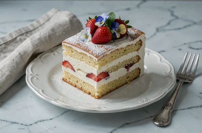 Tranche de fraisier classique garnie de fraises fraîches et de fleurs comestibles pour un dessert de menu de Pentecôte