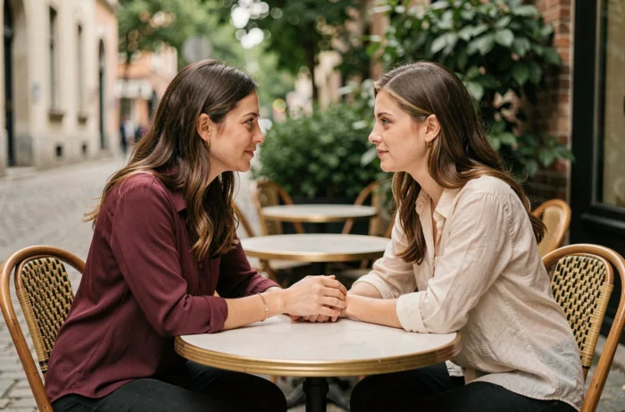 Deux femmes en conversation empathique à une terrasse de café, illustrant le partage d'émotions après un rêve troublant