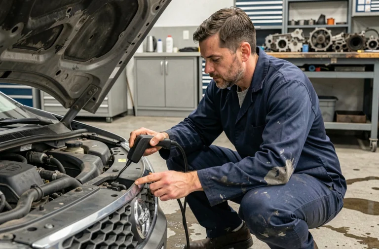 Mécanicien professionnel effectuant un diagnostic automobile avec un scanner OBD-II dans un garage