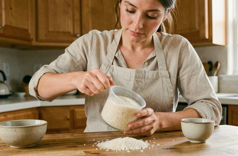 Femme dosant du riz avec une tasse à mesurer dans une cuisine en bois chaleureuse