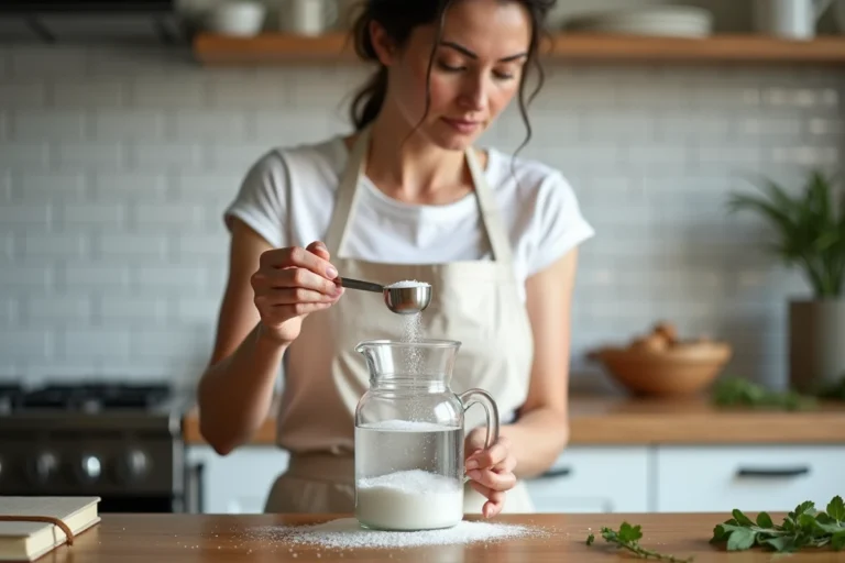 Femme mesurant la quantité de sel par litre d'eau dans une cuisine moderne avec une cuillère doseuse et un pichet en verre