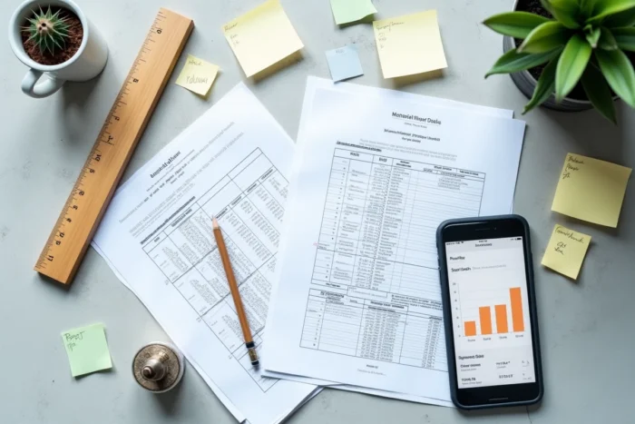 Vue aérienne d'un dossier d'estimation immobilière avec plans, données de ventes comparables et annotations de prix sur un bureau en béton