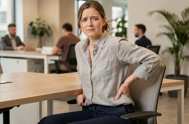 Femme assise à un bureau de bureau ressentant une douleur aux fesses en position assise, se penchant légèrement sur le côté avec une expression de gêne discrète