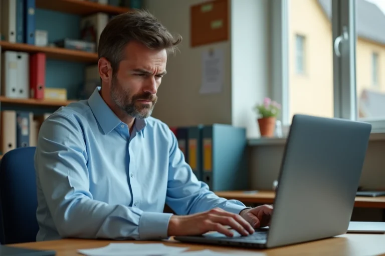Enseignant consultant le portail Arena Aix-Marseille sur son ordinateur portable dans une salle des professeurs