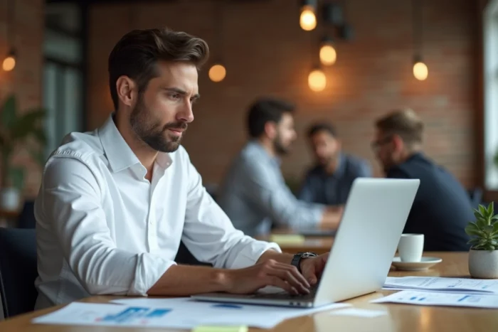 Entrepreneur concentré analysant les performances de son entreprise sur un ordinateur portable dans un espace de coworking