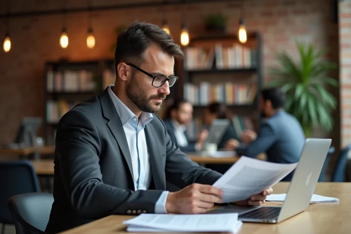Entrepreneur concentré analysant des rapports commerciaux sur son bureau dans un espace de coworking contemporain
