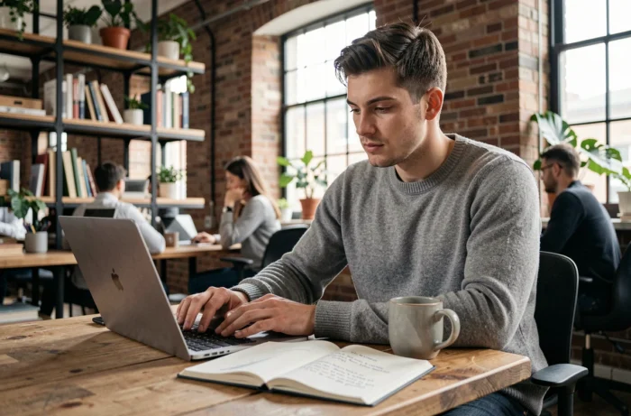 Jeune entrepreneur analysant les nouvelles tendances marketing 2024 sur son ordinateur portable dans un espace de coworking
