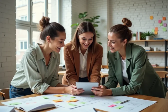 Équipe de professionnels collaborant sur un plan d'affaires dans un bureau startup moderne