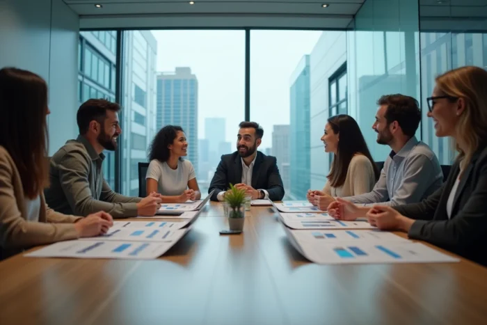 Équipe de professionnels discutant d'un changement de nom de marque autour d'une table de réunion moderne