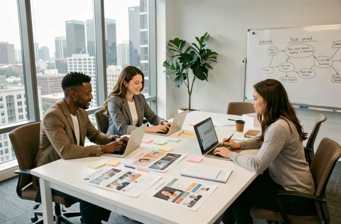 Équipe marketing diversifiée collaborant autour d'une table de réunion sur des stratégies et tendances digitales 2024
