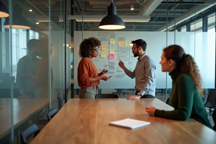 Une équipe de professionnels collabore autour d'un tableau blanc pour organiser la structure et la navigation d'un site web en agence