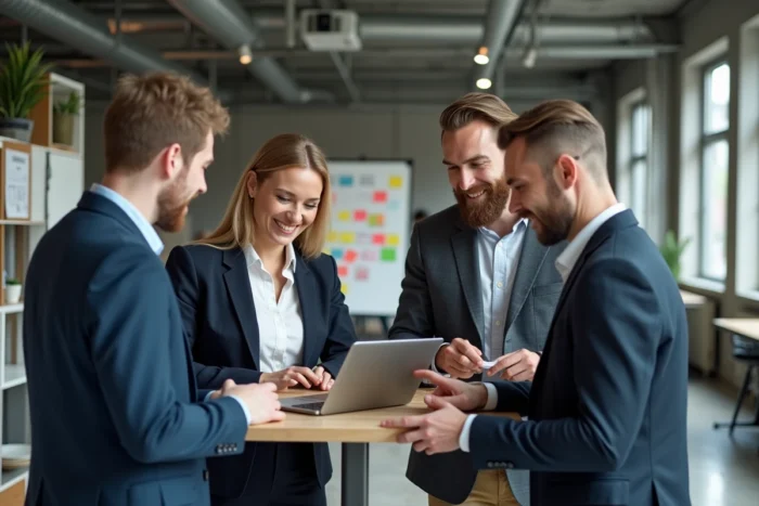 Équipe multiculturelle de professionnels collaborant autour d'une table dans un bureau open space de startup moderne