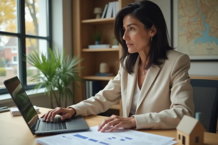Femme agent immobilier analysant des documents d'estimation de bien immobilier sur un bureau en bois dans un bureau à domicile moderne