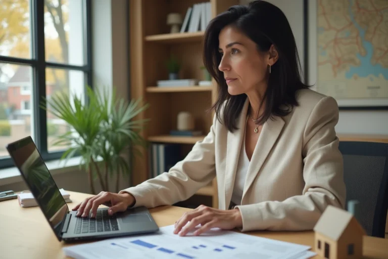 Femme agent immobilier analysant des documents d'estimation de bien immobilier sur un bureau en bois dans un bureau à domicile moderne