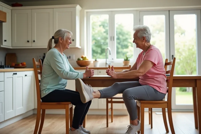 Deux femmes seniors réalisant des exercices de chaise ensemble dans une cuisine lumineuse à domicile