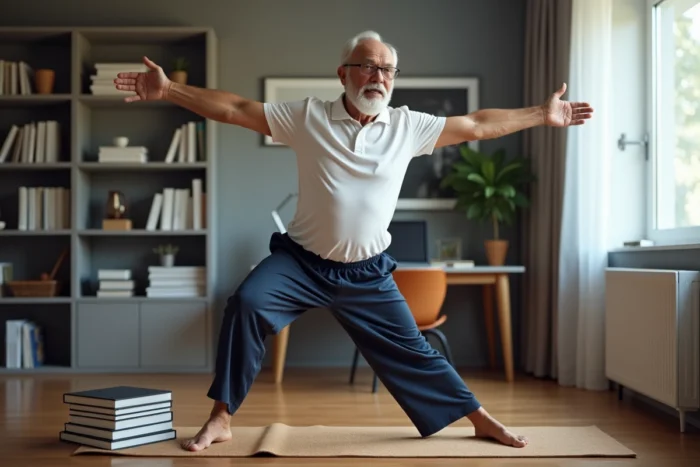 Homme senior faisant des exercices d'étirement à la maison en suivant une vidéo sur tablette