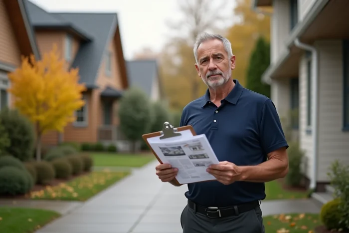 Expert immobilier évaluant la valeur d'une maison pavillonnaire en examinant sa façade depuis la rue en automne