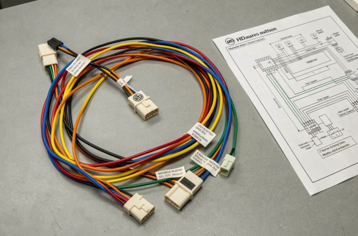 Faisceau de câbles colorés pour autoradio Peugeot 206 avec connecteur ISO et schéma de branchement sur un établi