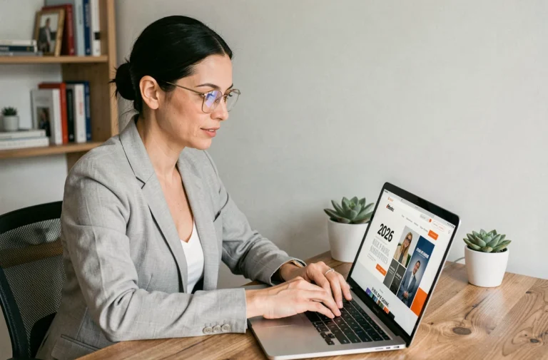 Femme utilisant un ordinateur portable pour accéder aux nouveautés 2026 sur Albrad Com depuis un bureau moderne