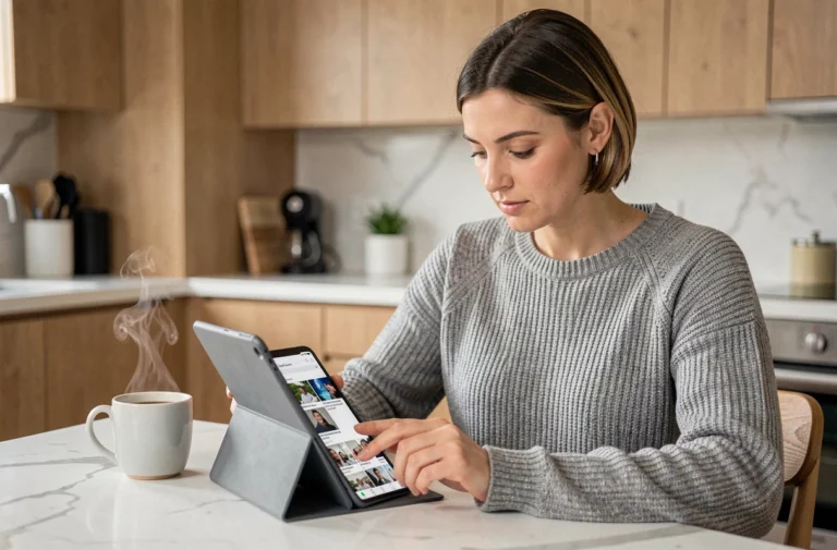 Femme consultant les actualités du jour sur une tablette numérique dans une cuisine moderne au petit-déjeuner
