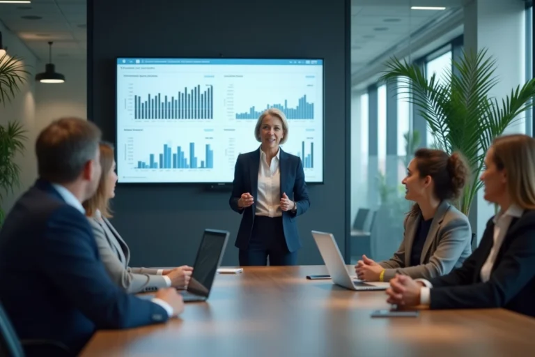 Femme d'affaires présentant une stratégie d'entreprise à son équipe dans une salle de réunion moderne