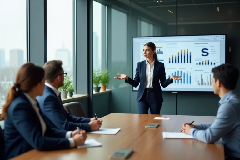 Femme d'affaires présentant une stratégie commerciale à son équipe dans une salle de réunion moderne avec vue sur la ville