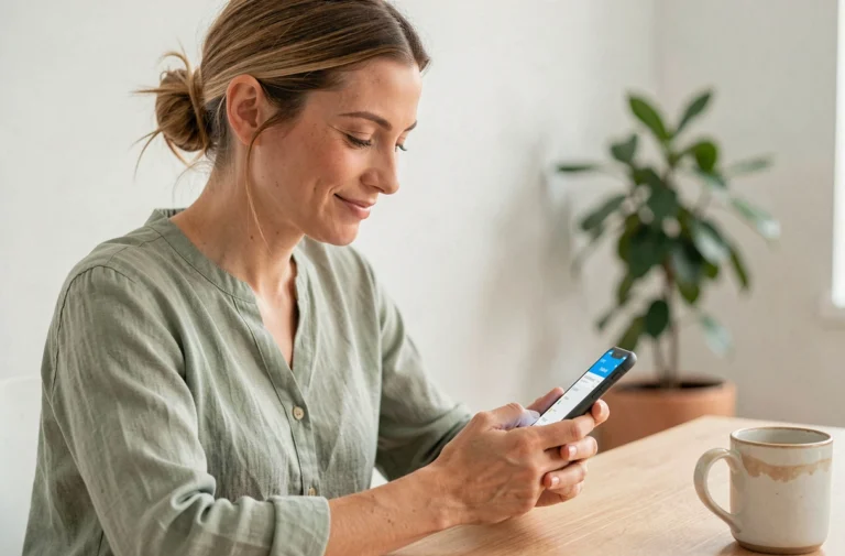 Femme utilisant une application de banque en ligne sur son smartphone depuis son bureau à domicile