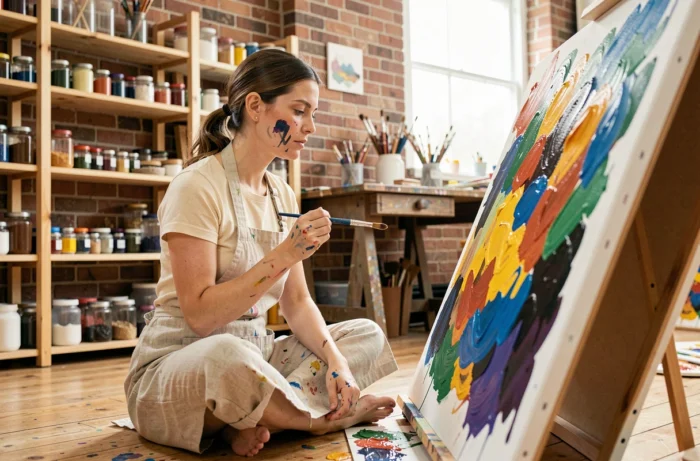 Femme artiste peignant sur une toile dans un atelier créatif, idée de loisir artistique tendance