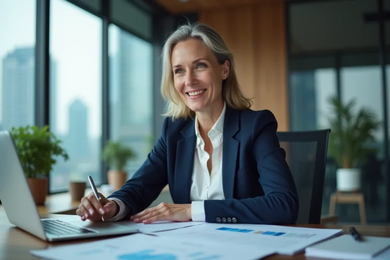 Femme cadre professionnelle analysant des solutions bancaires sur un ordinateur portable dans un bureau moderne
