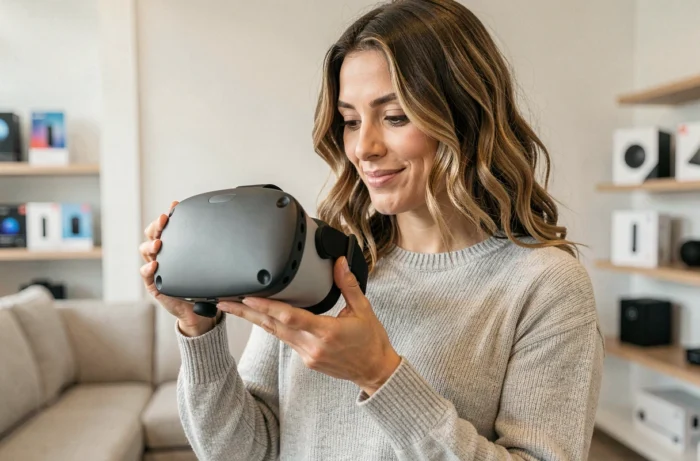 Femme tenant un casque de réalité virtuelle dernière génération et l'examinant avec curiosité dans un intérieur moderne