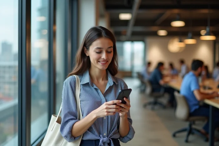 Femme dans un espace de coworking consultant son téléphone pour résoudre un problème de suspension Sosh