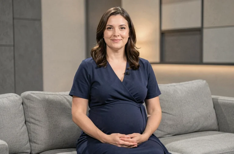 Femme enceinte présentatrice de télévision assise sur un plateau de tournage, robe bleue marine, expression professionnelle et sereine