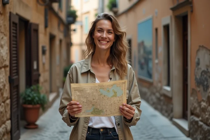 Femme explorant une ruelle pavée cachée de la ville avec une carte papier à la main, ambiance urbaine authentique