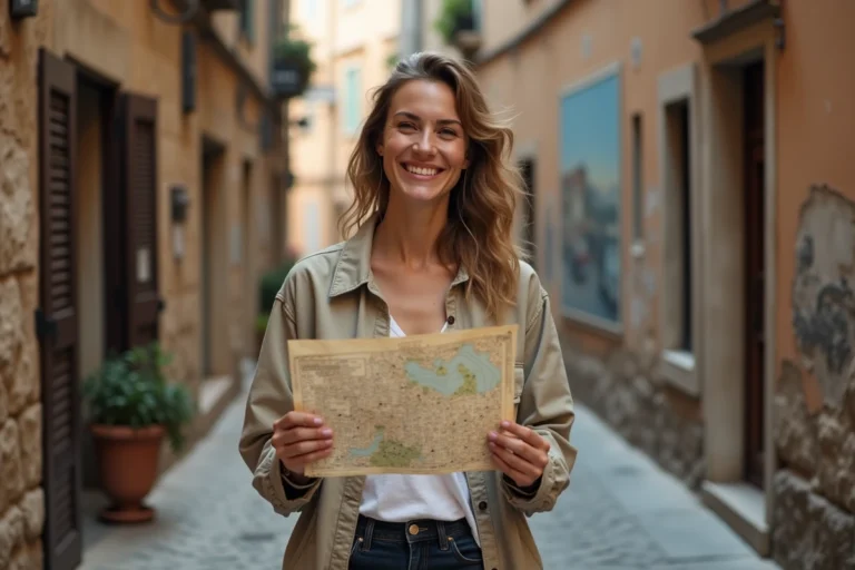 Femme explorant une ruelle pavée cachée de la ville avec une carte papier à la main, ambiance urbaine authentique