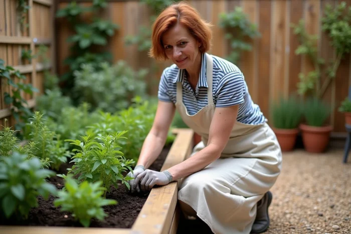 Femme aménageant un potager surélevé en bois dans un jardin de maison individuelle, entourée de pots en terre cuite et de plantes aromatiques