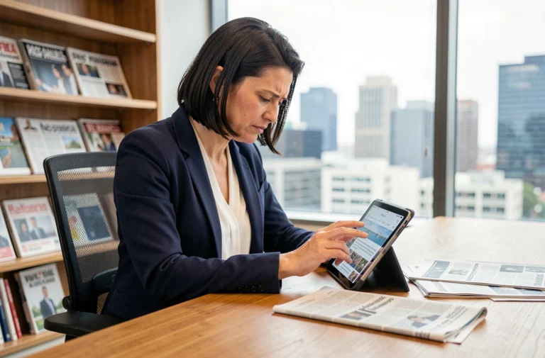 Femme journaliste consultant les actualités du jour sur une tablette dans un bureau moderne