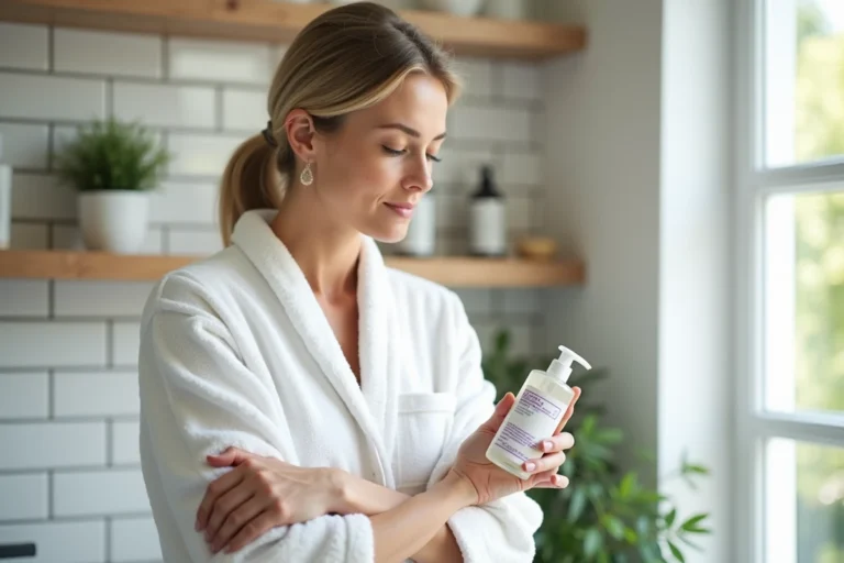 Femme appliquant une lotion à la lavande dans une salle de bain, lisant les ingrédients sur l'étiquette du produit