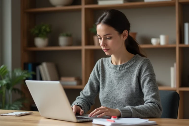 Femme concentrée utilisant un ordinateur portable à son bureau à domicile pour maîtriser des astuces informatiques au quotidien