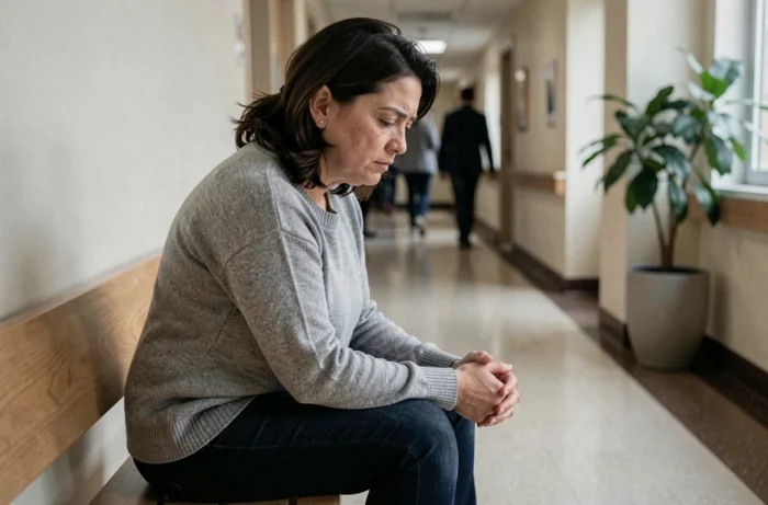 Femme pensive assise seule dans un couloir d'hôpital, illustrant l'anxiété liée à un rêve de cancer